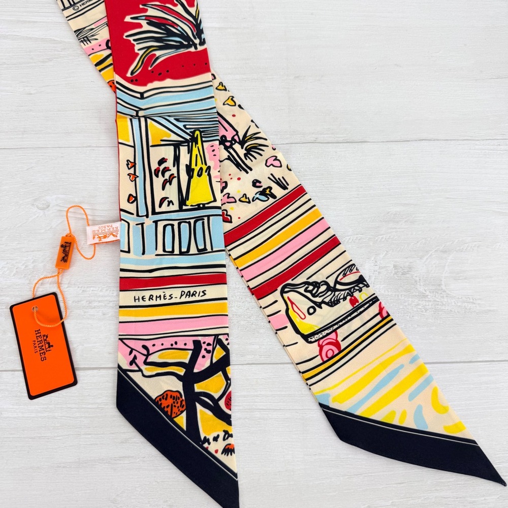 Hermes Silk Twilly Scarf Womens OS Multi Color Tropical Terrace Illustration NWT - Picture 1 of 7